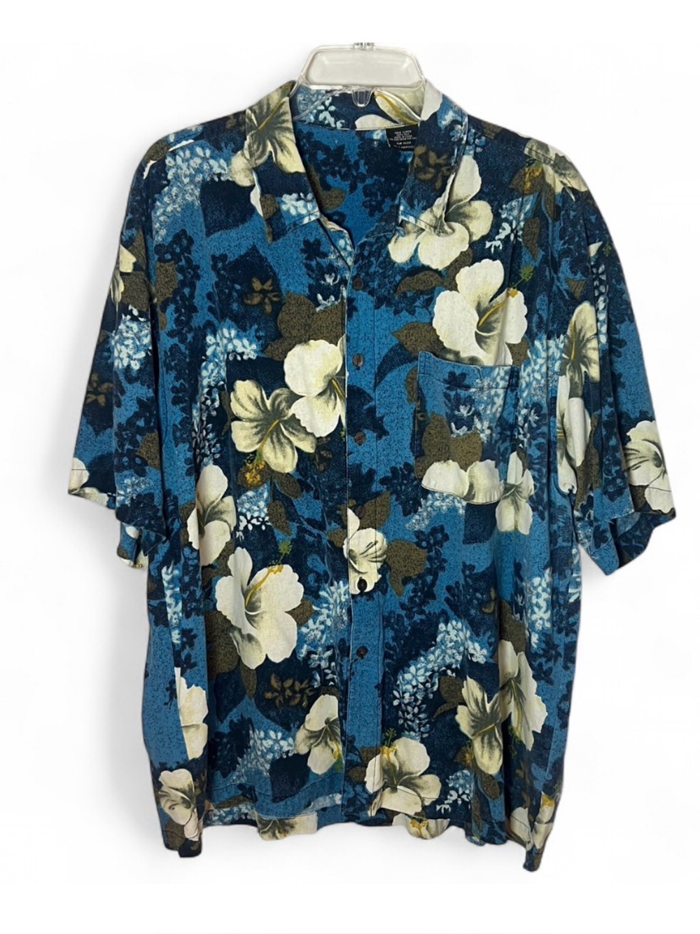 Men’s Hawaiian 100% Silk Blue Tropical Short Sleeve Button Down Shirt Size XL